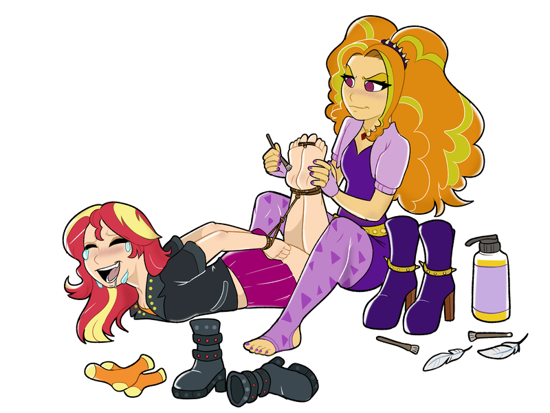 Size: 8000x6000 | Tagged: suggestive, artist:citysyndrome, derpibooru import, adagio dazzle, sunset shimmer, human, a-domme-gio, absurd resolution, ass, barefoot, belt, blushing, bondage, boots, bottle, butt, clothes, commission, crying, discarded clothing, dominant, drool, duo, duo female, erotic tickling, eyes closed, feather, feet, female, females only, femdom, femsub, fetish, fingerless gloves, foot fetish, gem, gloves, high heel boots, hogtied, humanized, image, jacket, laughing, leather, leather jacket, lesbian, lotion, lying down, oil, open mouth, png, prone, rope, rope bondage, ship:sunsagio, shipping, shirt, shoes, shorts, simple background, siren gem, sitting, socks, soles, stirrup stockings, stirrups, stockings, submissive, subset, sweat, tears of laughter, thigh highs, tickle fetish, tickle torture, tickling, toe tied, toeless legwear, toeless stockings, toes, toothbrush, wall of tags, white background