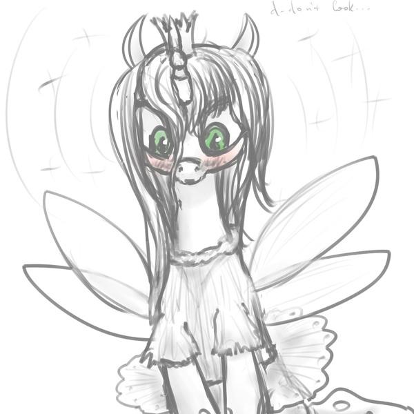 Size: 1111x1111 | Tagged: safe, artist:anonymous, queen chrysalis, changeling, changeling queen, /mlp/, 4chan, blushing, clothes, costume, dialogue, drawthread, embarrassed, fairy costume, fairy wings, female, image, jpeg, looking down, simple background, slit eyes, solo, white background, wings