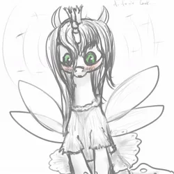 Size: 1111x1111 | Tagged: safe, artist:anonymous, queen chrysalis, changeling, changeling queen, /mlp/, 4chan, blushing, clothes, costume, dialogue, drawthread, embarrassed, fairy costume, fairy wings, female, image, jpeg, looking down, simple background, slit eyes, solo, white background, wings