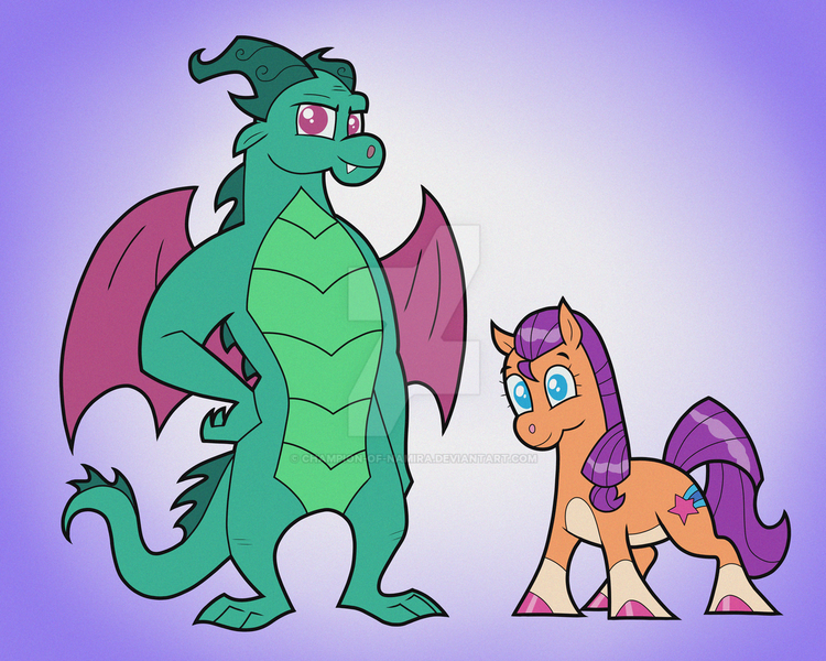 Size: 1280x1024 | Tagged: safe, artist:champion-of-namira, derpibooru import, sparky sparkeroni, sunny starscout, dragon, earth pony, pony, g5, alternate design, deviantart watermark, duo, female, gradient background, image, mare, obtrusive watermark, older, older sparky sparkeroni, png, watermark