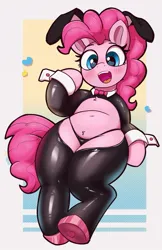 Size: 777x1200 | Tagged: suggestive, artist:pabbley, derpibooru import, pinkie pie, earth pony, pony, g4, belly, belly button, bowtie, bunny ears, bunny suit, chubby, clothes, female, heart, image, jpeg, looking at you, necktie, open mouth, open smile, panties, playboy bunny, playboy bunny pinkie pie, reverse bunny suit, smiling, smiling at you, socks, solo, solo female, thigh highs, underwear, wide hips