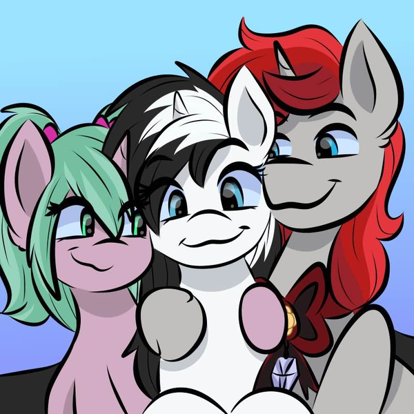 Size: 800x800 | Tagged: safe, artist:doodlesdoodles8, derpibooru import, oc, oc:magicalboyzenny, oc:magicalmysticva, oc:shouka, unofficial characters only, pony, unicorn, bisexual, blue eyes, boyfriend, boyfriend and girlfriend, cute, duo, duo female, female, girlfriend, green eyes, horn, image, male, nuzzling, pigtails, png, polyamory, trio, twintails