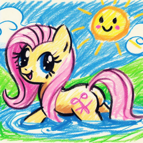 Size: 1024x1024 | Tagged: safe, ai content, derpibooru import, machine learning generated, fluttershy, pegasus, pony, g4, butt, cloud, cute, derpibooru exclusive, doodle, female, generator:bing image creator, generator:dall-e 3, grass, image, looking at you, mare, open mouth, open smile, outdoors, partially submerged, plot, png, prompter:tyto4tme4l, shyabetes, side view, sky, smiling, smiling at you, solo, standing in water, sun, traditional art emulation, water, wingless, wrong cutie mark