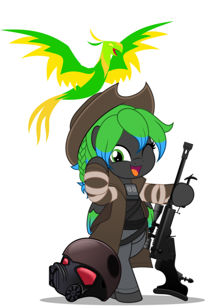 Size: 3324x5000 | Tagged: safe, artist:jhayarr23, derpibooru import, oc, oc:solar aura, balefire phoenix, pegasus, phoenix, pony, fallout equestria, anti-materiel rifle, armor, bolt action, bolt action rifle, braid, clothes, colored wings, commission, commissioner:solar aura, cowboy hat, fallout, fallout: new vegas, gradient wings, gray coat, green eyes, green hair, green mane, green wings, gun, hat, helmet, image, multicolored hair, multicolored mane, multicolored wings, ncr ranger, one eye closed, one eye open, pegasus oc, png, ranger, rifle, simple background, transparent background, weapon, wings, wink