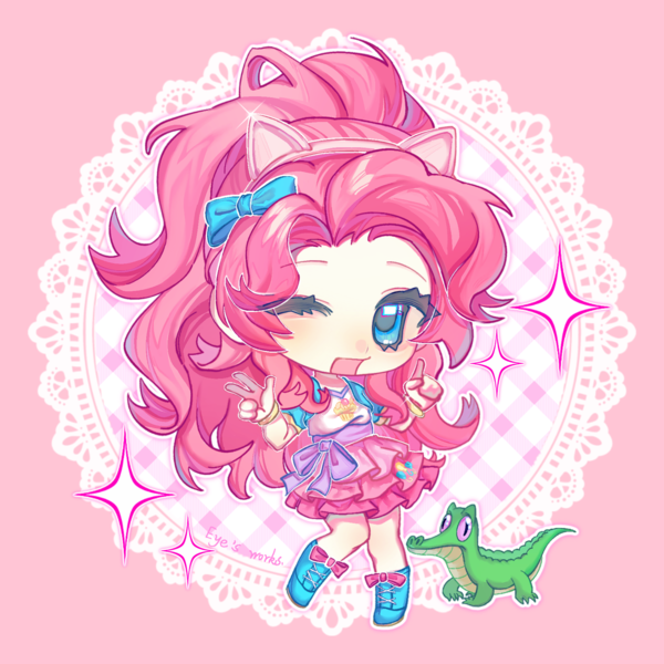 Size: 2048x2048 | Tagged: safe, artist:qiaozhu20289, derpibooru import, kotobukiya, gummy, pinkie pie, alligator, human, abstract background, blue eyes, clothes, cute, diapinkes, dress, humanized, image, kotobukiya pinkie pie, one eye closed, open mouth, open smile, peace sign, pink dress, pink hair, png, shoes, smiling, solo, sparkles, wink