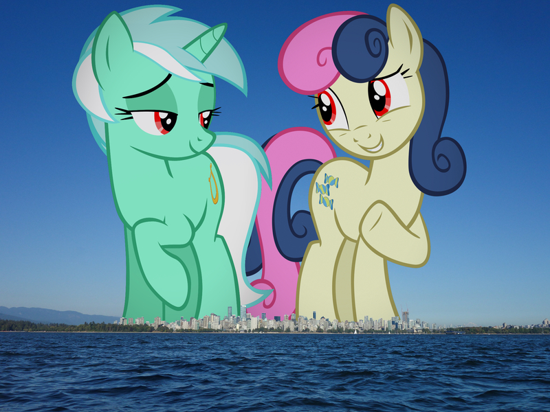 Size: 2048x1536 | Tagged: safe, artist:tardifice, derpibooru import, edit, editor:jaredking779, bon bon, lyra heartstrings, sweetie drops, earth pony, pony, unicorn, g4, alternate eye color, attack on pony, background pony, canada, duo, duo female, evil, female, giant pony, giantess, grin, highrise ponies, horn, image, irl, jpeg, long description, looking at each other, looking at someone, macro, mare, photo, ponies in real life, raised hoof, red eyes, smiling, vancouver, vulgar description, wrong eye color