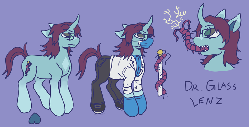 Size: 1679x861 | Tagged: safe, artist:rainbowteeth, derpibooru import, oc, oc:dr.glass lenz, unofficial characters only, unicorn, doctor, glasses, horn, image, parasite, png, reference sheet