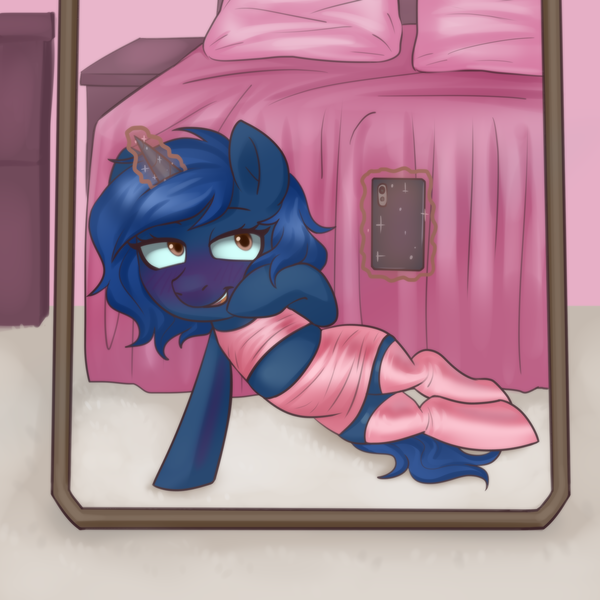 Size: 3000x3000 | Tagged: safe, artist:zigmeow, derpibooru import, oc, oc:starlight blossom, unofficial characters only, pony, unicorn, bedroom, blushing, clothes, female, filly, foal, horn, image, latex, magic, phone, png, telekinesis