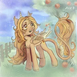 Size: 1280x1280 | Tagged: safe, artist:rif, derpibooru import, oc, unofficial characters only, pony, apple, apple tree, chest fluff, commission, fangs, female, fence, food, horns, image, jpeg, leonine tail, mare, solo, tail, tail wings, tree, unshorn fetlocks, ych result