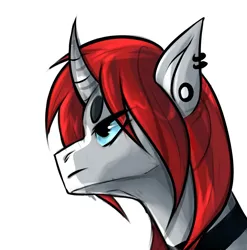 Size: 994x1006 | Tagged: oc name needed, safe, artist:enjaadjital, derpibooru import, oc, unofficial characters only, pony, unicorn, bust, collar, curved horn, ear piercing, eye clipping through hair, horn, image, jpeg, male, male oc, piercing, portrait, simple background, solo, stallion, stallion oc, unicorn oc, white background