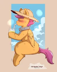 Size: 960x1200 | Tagged: safe, artist:cold-blooded-twilight, derpibooru import, scootaloo, pony, blushing, collar, dock, drink, drinking, eyes closed, female, filly, foal, hat, image, juice, lemonade, png, straw hat, sweat, tail, wide hips