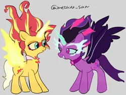 Size: 4096x3072 | Tagged: safe, artist:metaruscarlet, derpibooru import, sci-twi, sunset shimmer, twilight sparkle, ponified, pony, equestria girls, collar, daydream shimmer, gray background, grin, horn, image, looking at someone, midnight sparkle, png, simple background, smiling, wings