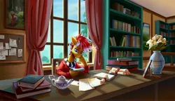 Size: 4350x2500 | Tagged: safe, artist:teaflower300, derpibooru import, oc, unofficial characters only, earth pony, pony, book, bookshelf, commission, desk, flower, high res, hoof on chin, image, jpeg, lidded eyes, office, reading, scroll, smiling, solo, teapot, vase