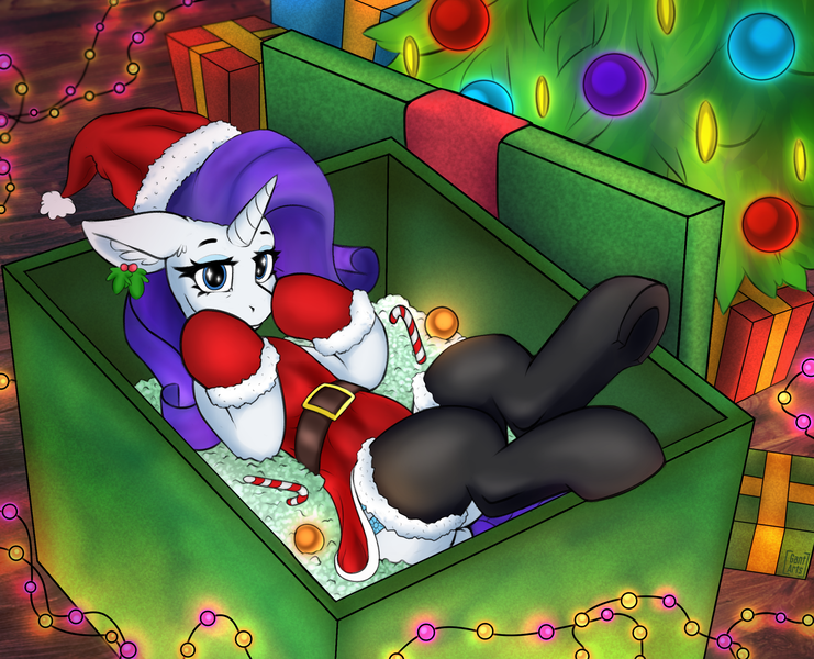 Size: 2500x2025 | Tagged: safe, artist:gantarts, derpibooru import, rarity, pony, unicorn, g4, belt, box, candy, christmas, christmas outfit, christmas tree, clothes, ear fluff, fairy lights, female, food, hat, high res, holiday, horn, image, indoors, lying down, mare, mistletoe, on back, png, pony in a box, present, santa hat, socks, solo, tree, underhoof