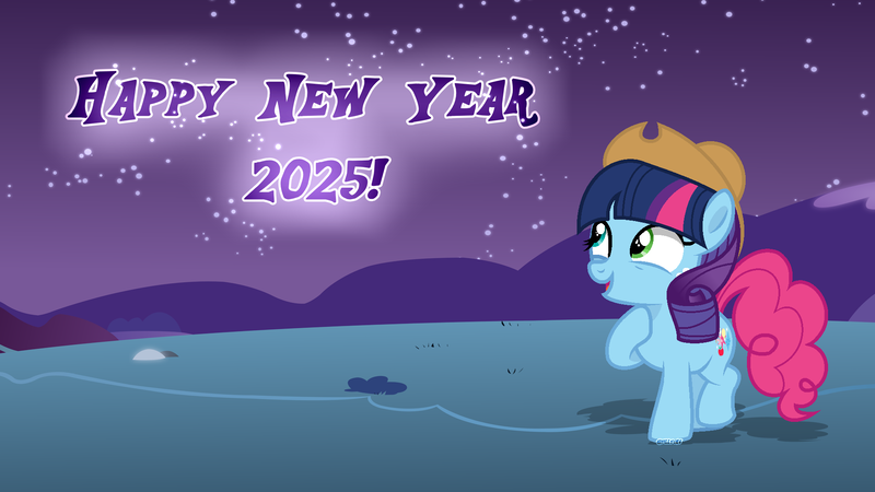 Size: 1920x1080 | Tagged: safe, artist:miss-diamaentye, derpibooru import, oc, earth pony, pony, g4, 2025, base used, fusion, fusion:applejack, fusion:pinkie pie, fusion:rarity, fusion:twilight sparkle, happy new year, happy new year 2025, hat, holiday, image, png, solo