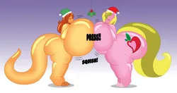 Size: 5100x2695 | Tagged: suggestive, artist:miipack603, artist:strawberry_creme_goodra, derpibooru import, oc, oc:erika pebblebrook, oc:sara manda, unofficial characters only, anthro, pony, salamander, unguligrade anthro, anthro oc, big breasts, breasts, butt, christmas, claws, digital art, eyes closed, female, females only, gradient background, hat, heart cutiemark, highlights, holiday, holly, holly mistaken for mistletoe, hooves, huge breasts, huge butt, hyper, image, impossibly large breasts, impossibly large butt, impossibly large thighs, jpeg, kissing, large butt, lips, long tail, mare, multicolored mane, multicolored tail, onomatopoeia, redraw, romantic, santa hat, simple background, tail, the ass was fat, thicc thighs, thighs, thunder thighs, wide hips, wobbling