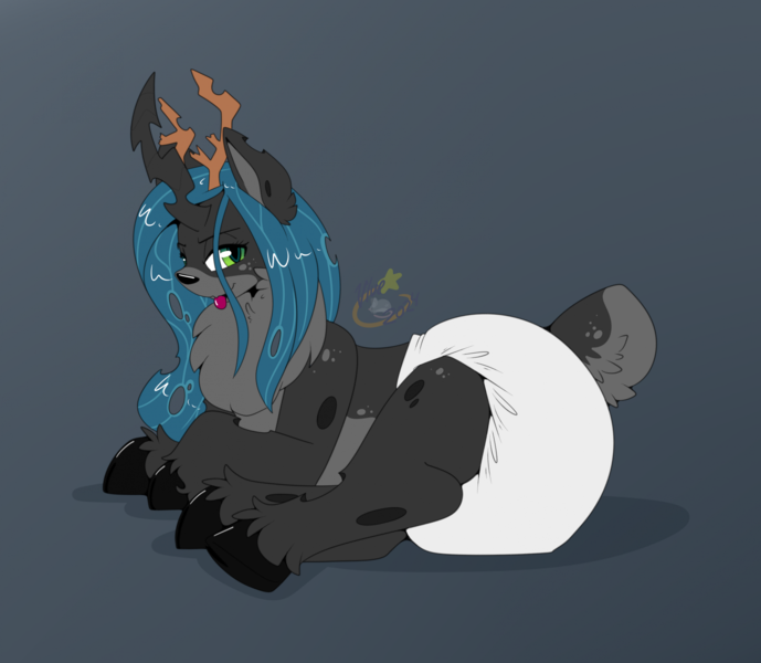 Size: 2058x1791 | Tagged: safe, artist:maynara, derpibooru import, queen chrysalis, changeling, deer, g4, chest fluff, deerified, diaper, diaper fetish, fetish, image, png, poofy diaper, solo, species swap