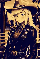 Size: 1040x1520 | Tagged: safe, ai content, derpibooru import, machine learning assisted, applejack, human, equestria girls, g4, applejack's hat, belt buckle, cowboy hat, female, hat, image, jpeg, looking at you, smiling, smiling at you, solo