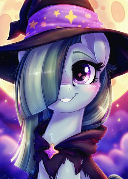 Size: 800x1120 | Tagged: safe, ai content, ai generated, prompter:diego96, stable diffusion, marble pie, earth pony, pony, g4, blushing, bust, cape, clothes, cloud, cute, female, generator:pony diffusion v6 xl, hair over one eye, hat, image, jpeg, mare, moon, night, portrait, smiling, solo, sparkles, starry eyes, teeth, torn clothes, wingding eyes, witch, witch hat