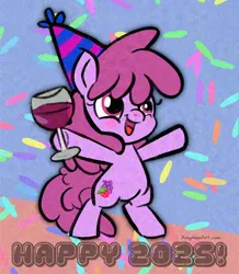 Size: 2320x2658 | Tagged: safe, artist:amynewblue, derpibooru import, berry punch, berryshine, earth pony, g4, alcohol, bipedal, blushing, confetti, drink, drinking, glass, happy new year, hat, holiday, hoof hold, image, my little pony, party hat, png, wine, wine glass