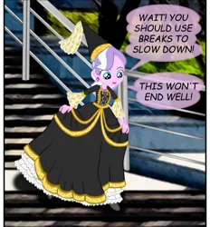 Size: 924x995 | Tagged: safe, artist:ponymaan, derpibooru import, diamond tiara, human, equestria girls, g4, clothes, dress, dressup, gown, hat, hennin, image, jewelry, long sleeves, necklace, png, princess, princess costume, princess dress, running, speech bubble, stairs, talking