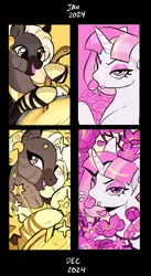 Size: 966x1760 | Tagged: safe, artist:gorjee-art, derpibooru import, oc, pony, unicorn, zebra, cauldron, duo, duo female, eyeshadow, female, flower, horn, image, looking at you, makeup, mare, one eye closed, open mouth, open smile, png, smiling, stirring, tongue out, zebra oc