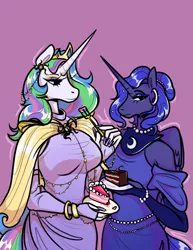 Size: 2700x3500 | Tagged: safe, artist:foxysslave, derpibooru import, princess celestia, princess luna, alicorn, anthro, pony, g4, breasts, busty princess celestia, cake, clothes, dress, duo, duo female, eating, female, food, fork, high res, image, mare, png, purple background, royal sisters, siblings, simple background, sisters