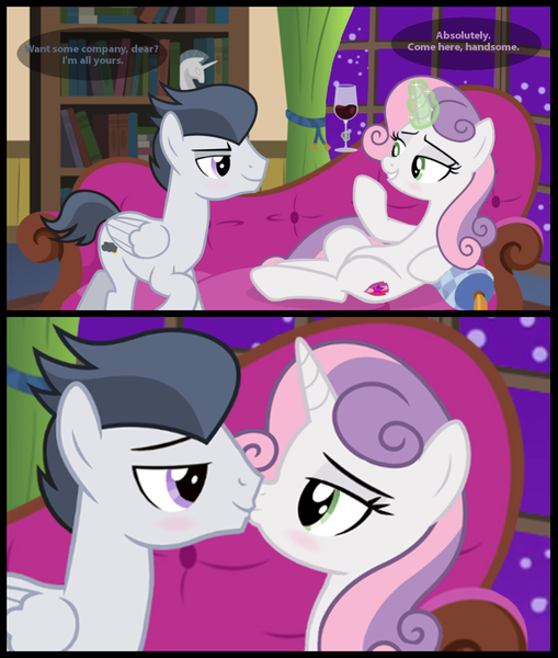 Size: 1163x1372 | Tagged: safe, artist:lunaticdawn, derpibooru import, rumble, sweetie belle, pegasus, pony, unicorn, g4, alcohol, bedroom eyes, blushing, bookshelf, comic, couch, cute, duo, duo male and female, eye contact, female, glass, horn, image, inviting, kiss on the lips, kissing, looking at each other, looking at someone, lying down, magic, magic aura, male, mare, older, older rumble, older sweetie belle, on back, png, romantic, room, ship:rumbelle, shipping, smiling, smirk, speech bubble, stallion, straight, telekinesis, text, window, wine, wine glass