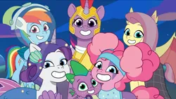 Size: 2400x1350 | Tagged: safe, artist:prixy05, derpibooru import, fluttershy, pinkie pie, rainbow dash, rarity, spike, twilight sparkle, twilight sparkle (alicorn), alicorn, dragon, earth pony, mermaid, pegasus, pony, unicorn, g4, g5, my little pony: tell your tale, afro puffs, alternate hairstyle, armor, astrodash, astronaut, athena sparkle, character swap, clothes, costume, dress, fake ears, fake fangs, fake flutterbat, female, flutterbat costume, g4 to g5, generation leap, haunted house (episode), horn, image, male, mare, mermarity, nightmare night costume, pinkie puffs, png, roller pinkie