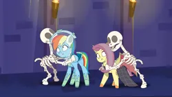 Size: 2400x1350 | Tagged: safe, artist:prixy05, derpibooru import, fluttershy, rainbow dash, pegasus, pony, g4, g5, my little pony: tell your tale, astrodash, astronaut, bone, character swap, clothes, costume, dress, duo, duo female, fake ears, fake fangs, fake flutterbat, fake skeleton, female, flutterbat costume, g4 to g5, generation leap, haunted house (episode), image, mare, nightmare night costume, pinpoint eyes, png, skeleton
