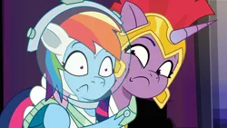 Size: 2400x1350 | Tagged: safe, artist:prixy05, derpibooru import, rainbow dash, twilight sparkle, twilight sparkle (alicorn), alicorn, pegasus, pony, g4, g5, my little pony: tell your tale, armor, astrodash, astronaut, athena sparkle, character swap, clothes, costume, duo, duo female, fear hug, female, g4 to g5, generation leap, haunted house (episode), hug, image, mare, nightmare night costume, png