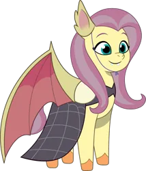 Size: 971x1137 | Tagged: safe, artist:prixy05, derpibooru import, fluttershy, pegasus, pony, g4, g5, my little pony: tell your tale, clothes, costume, dress, fake ears, fake fangs, fake flutterbat, fake wings, female, flutterbat costume, g4 to g5, generation leap, image, mare, nightmare night costume, png, simple background, solo, transparent background, vector