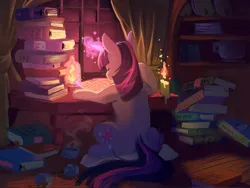 Size: 2048x1536 | Tagged: safe, artist:piesinful, derpibooru import, twilight sparkle, pony, unicorn, comic:unlucky day, fanfic:cupcakes, g4, alone, book, coffee mug, horn, image, jpeg, mug, night, reading, tired, unicorn twilight