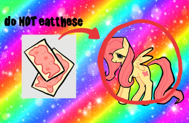 Size: 2849x1854 | Tagged: safe, artist:poniesinmyhead, derpibooru import, fluttershy, pegasus, pony, g4, arrow, do not eat, food, image, jpeg, meme, poptart, rainbow background