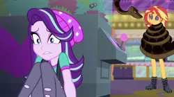 Size: 1280x718 | Tagged: safe, derpibooru import, edit, edited screencap, screencap, starlight glimmer, sunset shimmer, human, snake, equestria girls, g4, boots, cap, clothes, coils, equestria girls specials, eyeshadow, female, hat, hypno eyes, hypnosis, hypnotized, image, jpeg, kaa, kaa eyes, looking at each other, looking at someone, makeup, male, my little pony equestria girls: mirror magic, scared, shoes, smiling, smiling at each other, smirk, trio, wrapped snugly, wrapped up