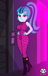 Size: 827x1300 | Tagged: suggestive, alternate version, artist:theminus, derpibooru import, sonata dusk, human, equestria girls, g4, alley, alternate character, big breasts, bodysuit, boots, breasts, busty sonata dusk, clothes, cougar, crossed legs, female, hand on hip, high heel boots, image, jpeg, shoes, solo, solo female, watermark