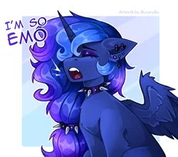 Size: 2835x2500 | Tagged: safe, artist:buvanybu, derpibooru import, princess luna, alicorn, pony, g4, collar, ear piercing, emo, eyes closed, eyeshadow, female, image, makeup, mare, passepartout, piercing, png, sitting, solo, spiked collar, we're emo