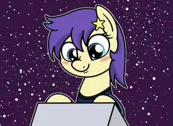 Size: 2047x1496 | Tagged: safe, artist:ewoudcponies, derpibooru import, star dancer, earth pony, pony, g4, blush sticker, blushing, bust, clothes, female, image, looking at something, looking down, mare, outline, png, smiling, solo, starry background, uniform, white outline