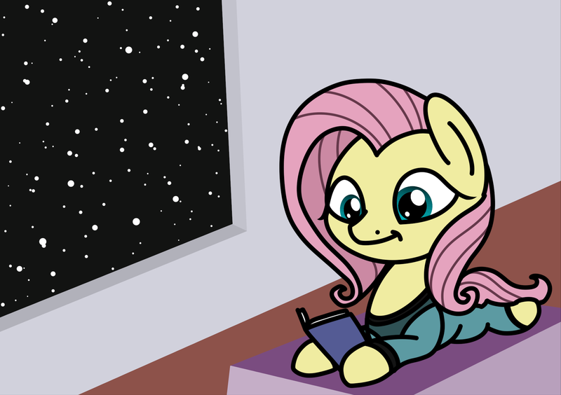 Size: 1971x1389 | Tagged: safe, artist:ewoudcponies, derpibooru import, fluttershy, pegasus, pony, g4, book, clothes, female, image, lying down, mare, png, prone, reading, solo, space, spaceship, sploot, uniform