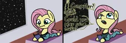 Size: 2048x716 | Tagged: safe, artist:ewoudcponies, derpibooru import, fluttershy, pegasus, pony, g4, 2 panel comic, book, clothes, comic, dialogue, female, image, looking up, lying down, mare, open mouth, png, prone, reading, solo, space, spaceship, sploot, uniform