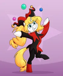 Size: 1668x1984 | Tagged: safe, artist:moonatik, derpibooru import, oc, oc:kaylee, unofficial characters only, pony, unicorn, abstract background, ball, bipedal, boots, clothes, female, grin, hat, horn, image, jester, jester hat, jester outfit, juggling, looking at you, mare, png, ponytail, shoes, smiling, solo, standing, standing on one leg, swirly eyes, underhoof, unicorn oc