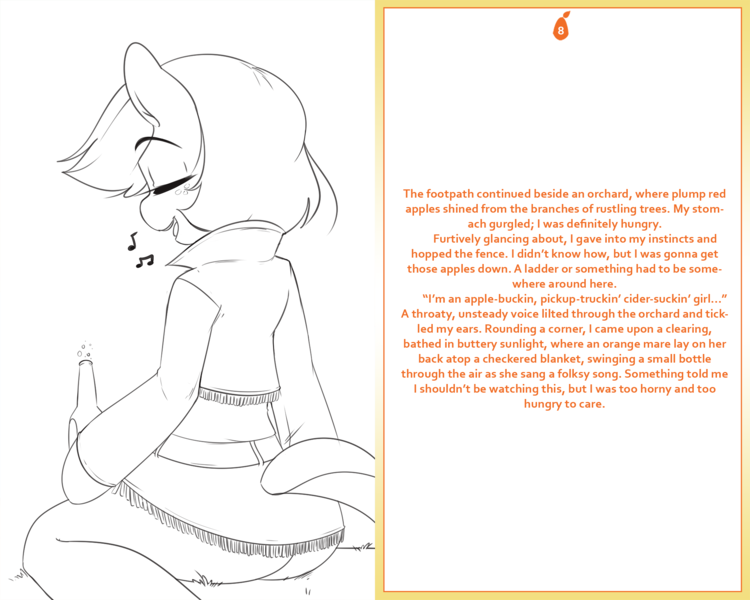 Size: 2000x1600 | Tagged: safe, artist:3mangos, derpibooru import, applejack, earth pony, pony, semi-anthro, comic:mango sunday, g4, back, bottle, butt, eyes closed, female, image, lineart, midriff, monochrome, plot, png, singing, sitting, solo, text