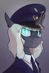 Size: 1484x2215 | Tagged: safe, artist:floppochkin, derpibooru import, oc, oc:queen exavia, unofficial characters only, changeling, changeling queen, equestria at war mod, admiral, blue eyes, bust, cap, changeling oc, clothes, digital art, fangs, female, gradient background, hat, horn, image, looking at you, military, military uniform, necktie, new characters for equestria at war, new characters for equestria at war mod, peaked cap, png, portrait, smiling, smiling at you, solo, uniform, uniform hat, white mane