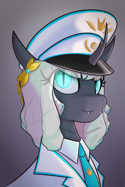 Size: 1484x2215 | Tagged: safe, artist:floppochkin, derpibooru import, oc, oc:queen exavia, unofficial characters only, changeling, changeling queen, equestria at war mod, admiral, blue eyes, bust, cap, changeling oc, clothes, digital art, fangs, female, gradient background, hat, horn, image, looking at you, military, military uniform, necktie, new characters for equestria at war, new characters for equestria at war mod, peaked cap, pin, png, portrait, smiling, smiling at you, solo, uniform, uniform hat, white mane