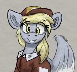 Size: 1222x1151 | Tagged: safe, artist:reddthebat, derpibooru import, derpy hooves, pegasus, pony, g4, ear fluff, eye clipping through hair, eyebrows, eyebrows visible through hair, female, floppy ears, freckles, grin, image, looking at you, mailmare, mare, png, signature, smiling, smiling at you, solo