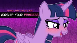 Size: 4328x2400 | Tagged: suggestive, edit, editor:shepardinthesky, twilight sparkle, twilight sparkle (alicorn), alicorn, pony, unicorn, bedroom eyes, blushing, eyebrows, female, gooner, goth, horn, image, looking down, makeup, mare, open smile, png, smiling, solo, sweat, tail, text, unicorn twilight