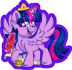 Size: 2084x2020 | Tagged: safe, artist:missbramblemele, derpibooru import, twilight sparkle, twilight sparkle (alicorn), alicorn, pony, g4, cheek fluff, chibi, crown, female, glow, glowing horn, horn, image, jewelry, levitation, looking at you, magic, magic aura, mare, open mouth, open smile, partially transparent background, png, quill, regalia, scroll, smiling, smiling at you, solo, sparkles, spread wings, starry eyes, telekinesis, wingding eyes, wings