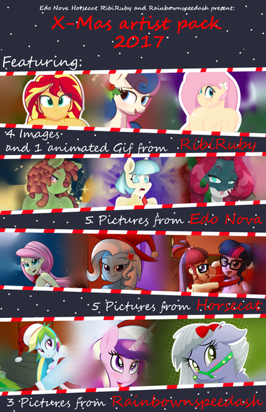 Size: 905x1400 | Tagged: questionable, artist:edonovaillustrator, artist:horsecat, artist:rainbownspeedash, artist:ribiruby, derpibooru import, bon bon, coco pommel, fluttershy, limestone pie, moondancer, princess cadance, rainbow dash, sci-twi, sunset shimmer, sweetie drops, tree hugger, trixie, twilight sparkle, oc, oc:umi, alicorn, anthro, earth pony, human, pony, shark, art pack:x-mas artist pack 2017, equestria girls, g4, 2017, anthro oc, areola, art pack, bedroom eyes, blushing, bow, breasts, christmas, cover, drool, drool string, female, floppy ears, glasses, hair bow, hat, holiday, holly, horn, humanized, image, lesbian, looking at you, looking back, looking back at you, mare, nipples, non-mlp oc, nudity, open mouth, open smile, png, pony coloring, santa hat, ship:sci-twidancer, ship:twidancer, shipping, smiling, tongue out