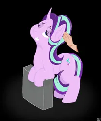 Size: 1191x1434 | Tagged: safe, artist:tiska, derpibooru import, starlight glimmer, pony, g4, black background, female, horn, image, mare, petting, png, simple background, solo, tail