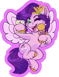 Size: 1587x2065 | Tagged: safe, artist:missbramblemele, derpibooru import, pipp petals, pegasus, pony, g5, adorapipp, cheek fluff, chibi, cute, diadem, female, happy, headband, image, jewelry, mare, microphone, mobile phone, one eye closed, open mouth, open smile, partially transparent background, phone, pipp's phone, png, regalia, selfie, smartphone, smiling, solo, spread wings, starry eyes, unshorn fetlocks, wingding eyes, wings, wink